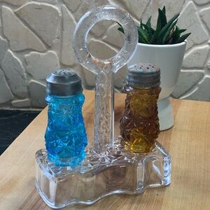 EAPG | Pressed Glass Coloured Salt & Pepper Shakers With Stand
